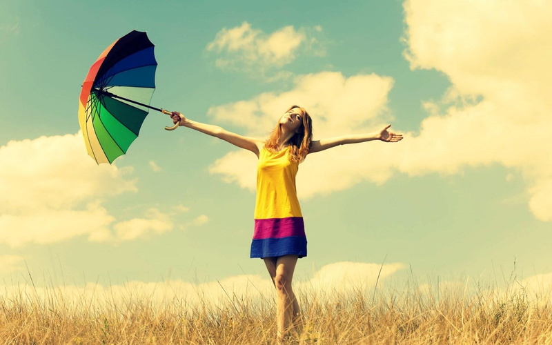 720P, girl, summer, s, women, mood, field, dress, umbrella, yellow