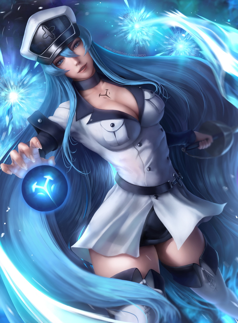 dress, anime, thigh high boots, illustration, 2D, Akame ga Kill!, drawing, artwork, 4K, Esdeath (Akame Ga Kill!), cleavage, limgae, anime girls, fan art