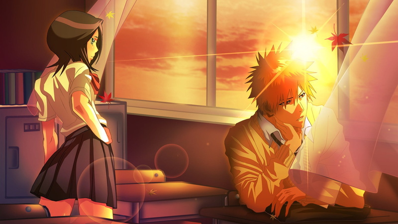 anime girls, Kurosaki Ichigo, front view, women, men, window, Kuchiki Rukia, lifestyles, occupation, clothing, 1080P, skirt, real people, lens flare, sitting