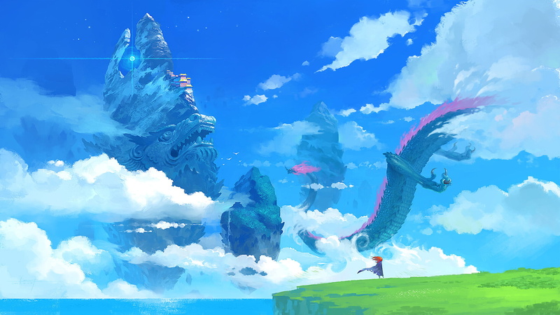 digital art, clouds, 1080P, Asian architecture, fantasy art, dragon, Yiming Nie