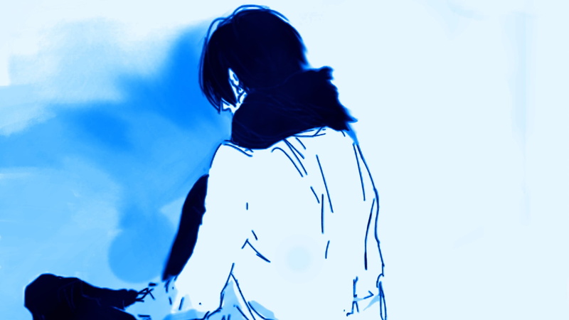 three quarter length, low angle view, hairstyle, anime boy, sit, women, leisure activity, standing, waist up, side view, sky, silhouette, blue, adult, anime guy