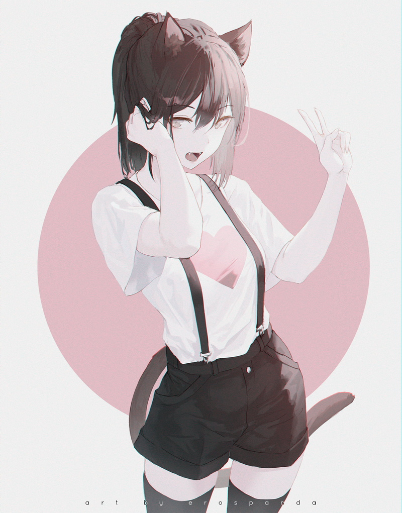 1080P, erospanda, cat tail, white t-shirt, dark hair, women, artwork, digital art, T-shirt, fangs, fan art, cat girl, cat ears