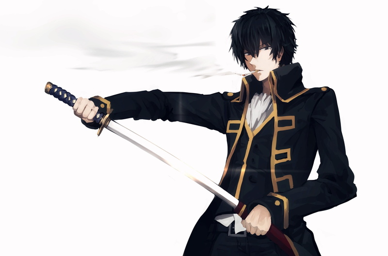 haired, Gintama, black color, adult, illustration, one Person, male, three quarter length, lifestyles, uniform, character, real people, smokes, security