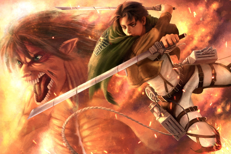 anime, guys, monsters, battles, titan, 5K, swords, attack, levi, warriors