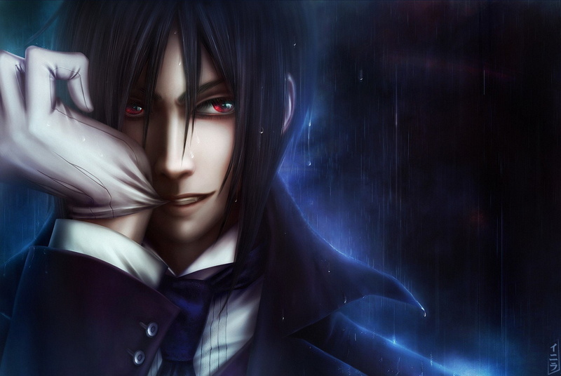 1080P, eyes, kuroshitsuji, series, art, butler, glove, demon, guy, black, characters, rain, red, anime