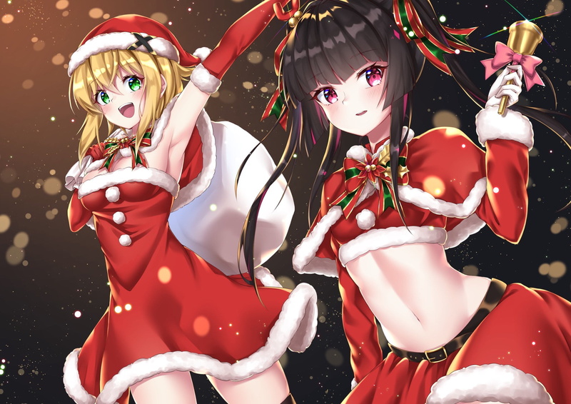 Senki Zesshou Symphogear, Santa costume, anime girls, Christmas presents, Akatsuki Kirika, 1080P, couple, Shirabe, Tsukuyomi