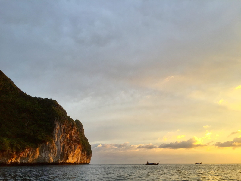 sky, thailand, horizon over water, nature, cloud - sky, sunset, water, rock, tropical, cliffs, boat, tranquil scene, islands, nautical vessel, waterfront