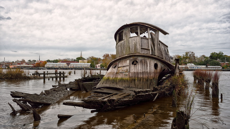 boat, abandoned, shipwreck, wood, cityscape, ship, 1080P, city, river