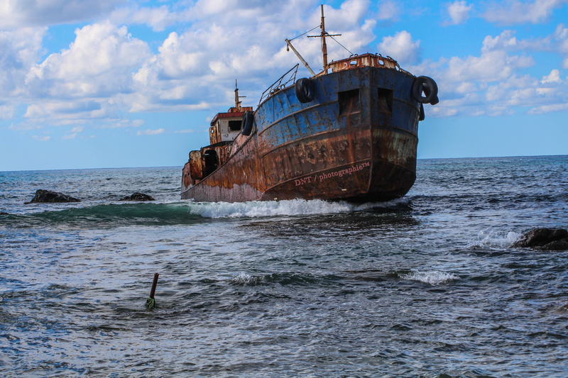 sailboat, brown, no people, ship wreck, sinking, water, cloud - sky, ship, pirate, ocean, nature, watercraft, horizon, deterioration, beach, run-down, transportation
