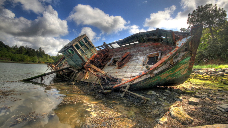 wreck, landscape, sinking, coast, island, nature, ocean, cloud - sky, mountain, tree, coastline, deterioration, ship, outdoors, decline, sky, shipwreck