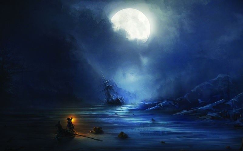 ship, sea, 1080P, concept art, shipwreck, boat, Assassins Creed, sailing ship, artwork, moonlight, Moon