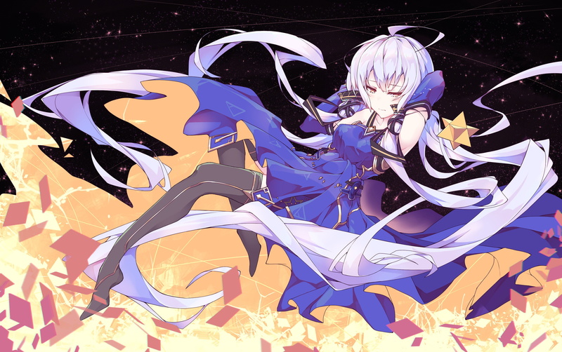 blue, Vocaloid, nature, high angle view, representation, day, close-up, outdoors, female likeness, still life, human representation, dress, male likeness