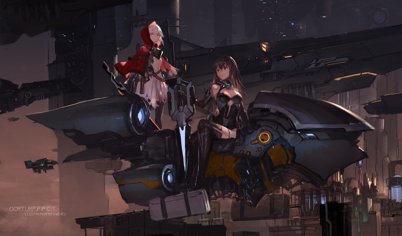 building exterior, working, land vehicle, artwork, swd3e2, lifestyles, white hair, futuristic, illuminated, occupation, reflection, anime girls, women