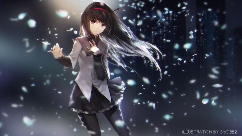 beautiful woman, night, beauty, young adult, black background, three quarter length, one person, hairstyle, thighs, glamour, fashion, skirt, Mahou Shoujo Madoka Magica