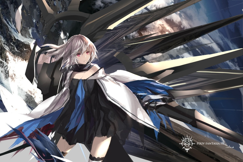 mask, built structure, sunlight, original characters, Paradise (pffk), leisure activity, red eyes, architecture, swd3e2, outdoors, costume, people, Pixiv Fantasia