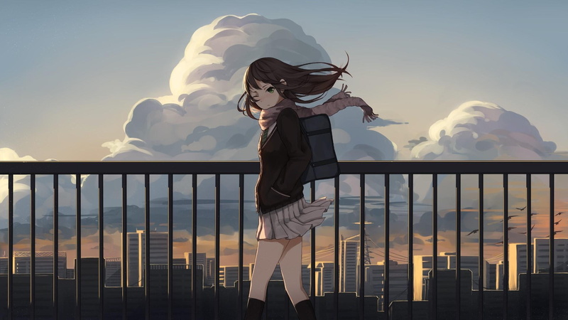pixiv, anime, wind, cloud, 1080P, city, school girl