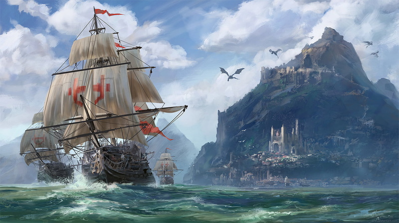water, day, sailing, sky, City, Fantasy, transportation, mode of transportation, built structure, Ship, waterfront, outdoors, nature, passenger craft, flag