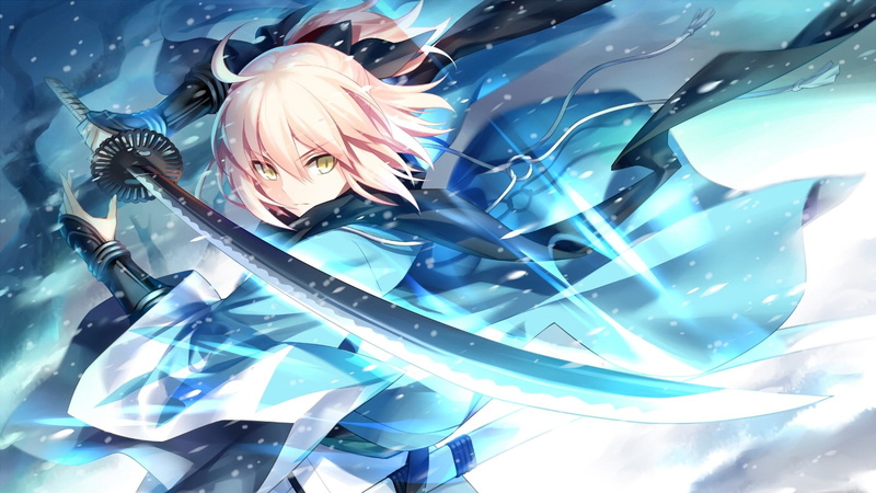 anime girls, FateGrand Order, 1080P, yellow eyes, pink hair, sword, katana, snow