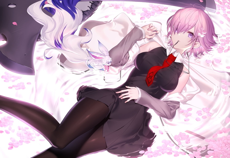 bed, Mash Kyrielight, purple hair, panty hose, dress, tie, short hair, purple eyes, petals, 720P, Fate/Grand Order