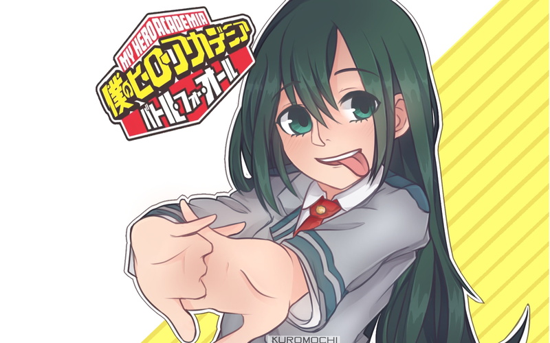 Boku no Hero Academia, casual clothing, anime girls, multi colored, adult, white background, creativity, men, text, cut out, front view, Tsuyu Asui, studio shot