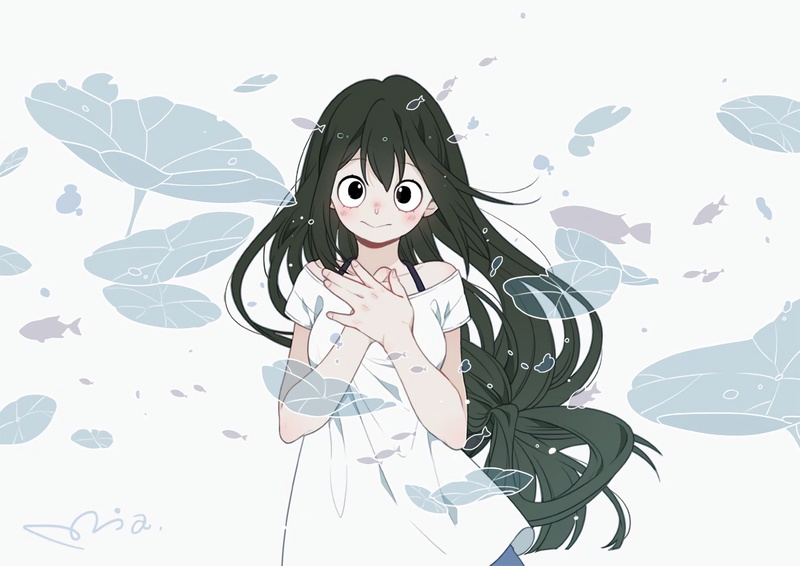 1080P, fashion, digital composite, creativity, animal wing, contemplation, Boku no Hero Academia, beautiful woman, portrait, Tsuyu Asui, young adult, leaf