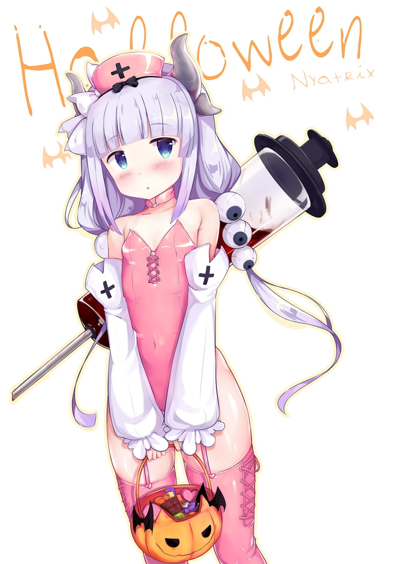 loli, Kobayashi-san Chi no Maid Dragon, horns, pumpkin, stockings, 1080P, white  background, Kanna Kamui (Kobayashi-san Chi no Maid Dragon), thigh-highs