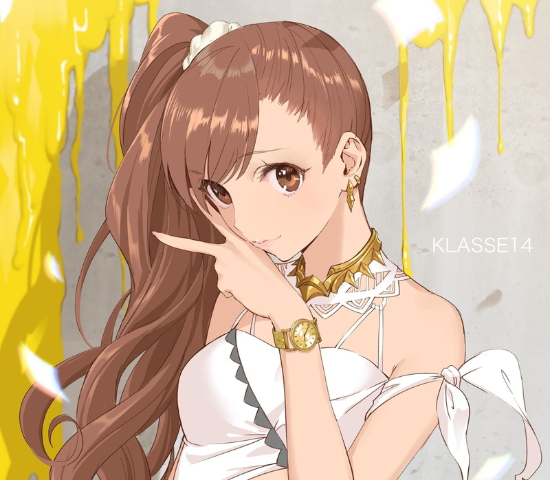 Brown Eyes, Peace Sign, Smile, Anime, Earrings, Watch, Brown Hair, Long Hair, Original, 1080P