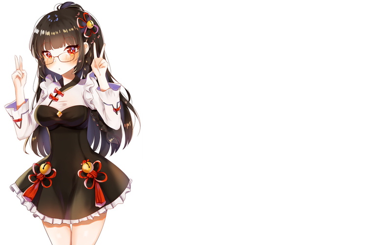 Red Eyes, Long Hair, Original, Glasses, Peace Sign, Anime, Black Hair, 1080P, Blush