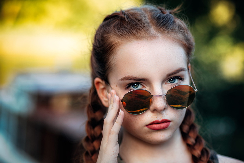 women, portrait, red lipstick, sunglasses, face, women with shades, Alexandr Bredikhin, blue eyes, 1080P, redhead, women outdoors, bokeh, braids, freckles