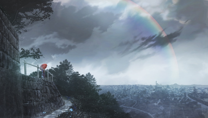 built structure, rainbow, scenics - nature, beauty in nature, Anime, 1080P, cloud - sky, dark clouds, outdoors, tree, building exterior, day, cityscape