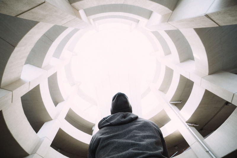 Look up, gray, jacket, adult, day, headshot, staircase, 5K, inside, looking up, person, people, man, rear view, rise, low, sweatshirt, built Structure