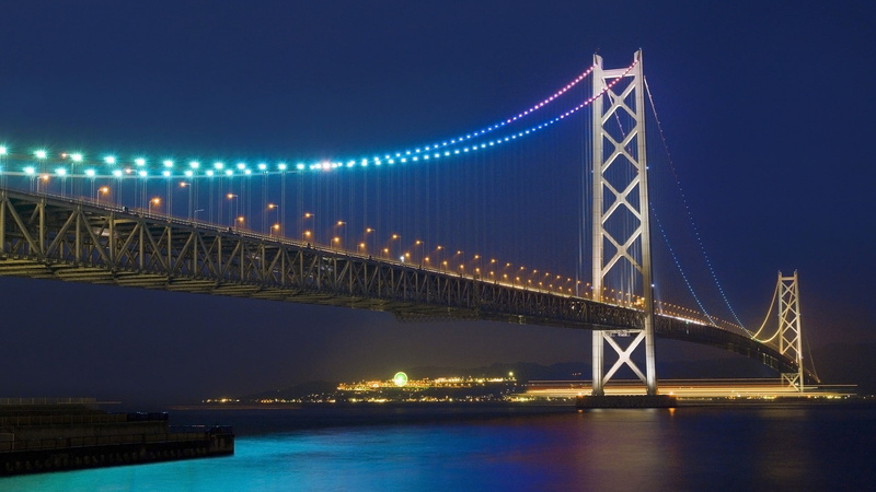 lights, sea, Japan, night, Akashi Kaikyō Bridge, bridge, architecture, 1080P