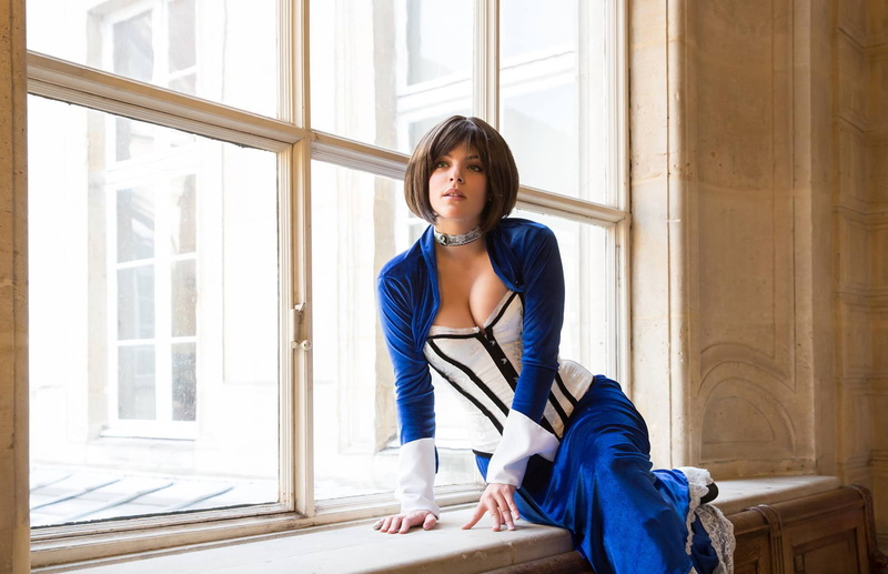 Elizabeth Comstock, BioShock Infinite, cosplay, women, short hair, sitting, women indoors, 720P, BioShock