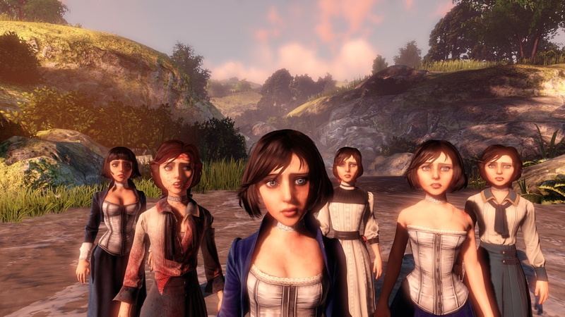 men, 1080P, group of people, looking at camera, three quarter length, bioshock infinite video games anna dewitt elizabeth comstock, waist up, friendship