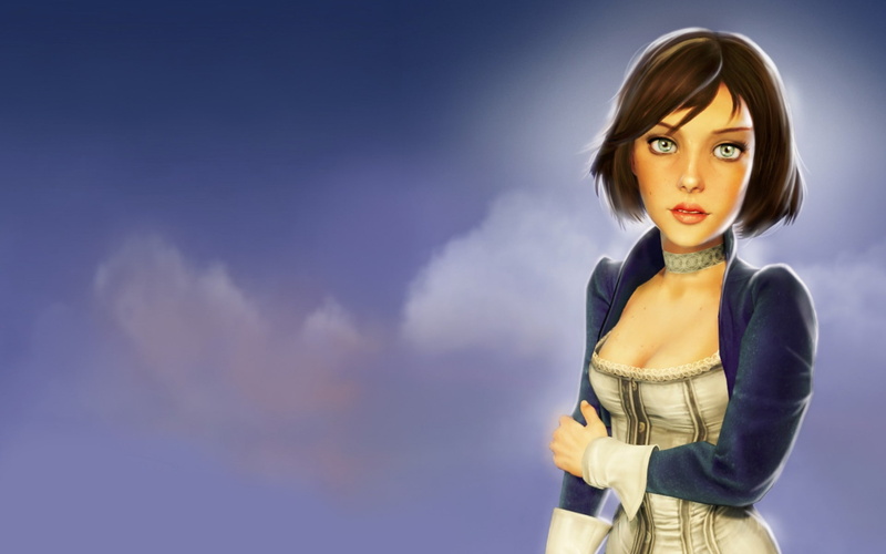 games, elizabeth, artwork, 1080P, infinite, women, bioshock, brunettes, video, hd, art, cleavage, comstock