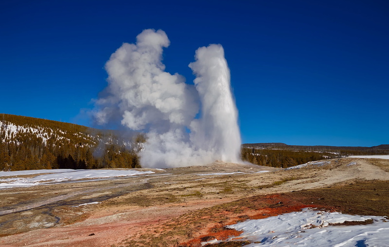 blue, nature, travel destinations, smoke - physical structure, trees, geology, forest, water, landscape, power, yellowstone, day, mountain, white, outdoors