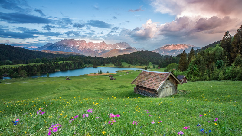 grass, pond, landscape, sky, beauty in nature, slope, mountain, plant, the sky, tranquility, tops, house, grey, wooden, 4K, flowers, clouds, no people