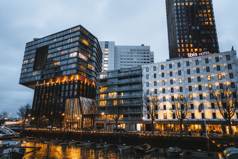 financial district, vehicle, netherlands, outdoors, illuminated, rotterdam, town, tall - high, ibis, urban, sky, skyscraper, building exterior, office