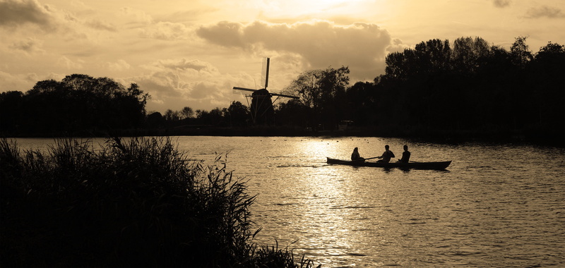 cloud - sky, outdoors, transportation, riekermolen, rower, netherlands, nautical vessel, mill, sky, nature, people, stream, men, river, two, rowers, buitenveldert-oost
