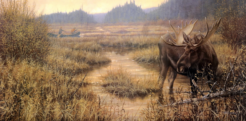 picture, look, painting, moose, rowers, pond, art, 2K, shore, hunter, autumn, boat, figure