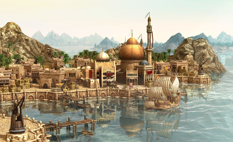 dawn of discovery, mountain, no people, travel, water, mountain range, outdoors, religion, Games, building, built structure, architecture, anno 1404 screenshots