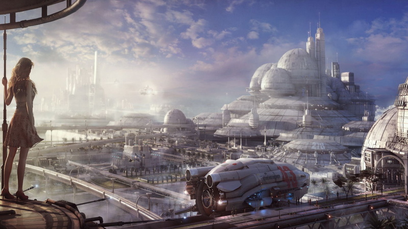 spaceport, Planet, Shuttle, girl, clouds, 1080P, the sky, future
