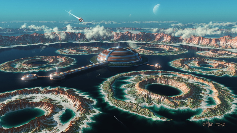 the sky, mountains, fiction, Artur Rosa, ship, spaceship, port, the spaceport, clouds, rocks, 1080P