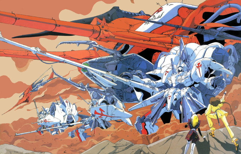white, 1080P, orange, The Five Star Stories, Anime, robot, illustration
