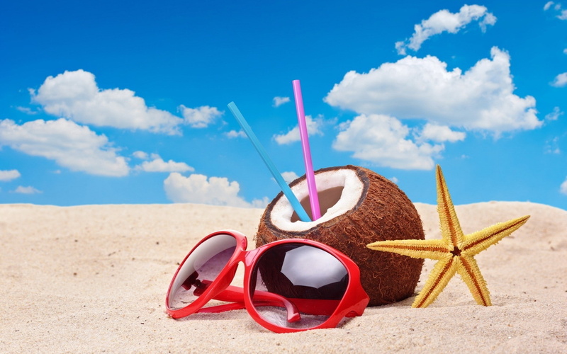 art, nature, starfish, sky, beaches, sunglasses, hd, Sand, Coconut, 1080P, blue, blue skies, skies, straws