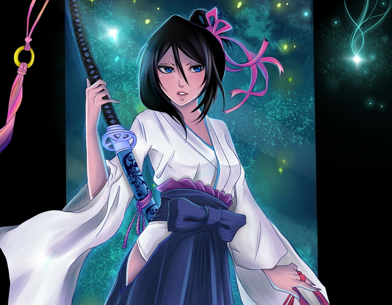 young adult, hair, black, portrait, fashion, beautiful woman, moon, beautiful people, anime girls, 1080P, smiling, Kuchiki Rukia, lighting equipment, woman