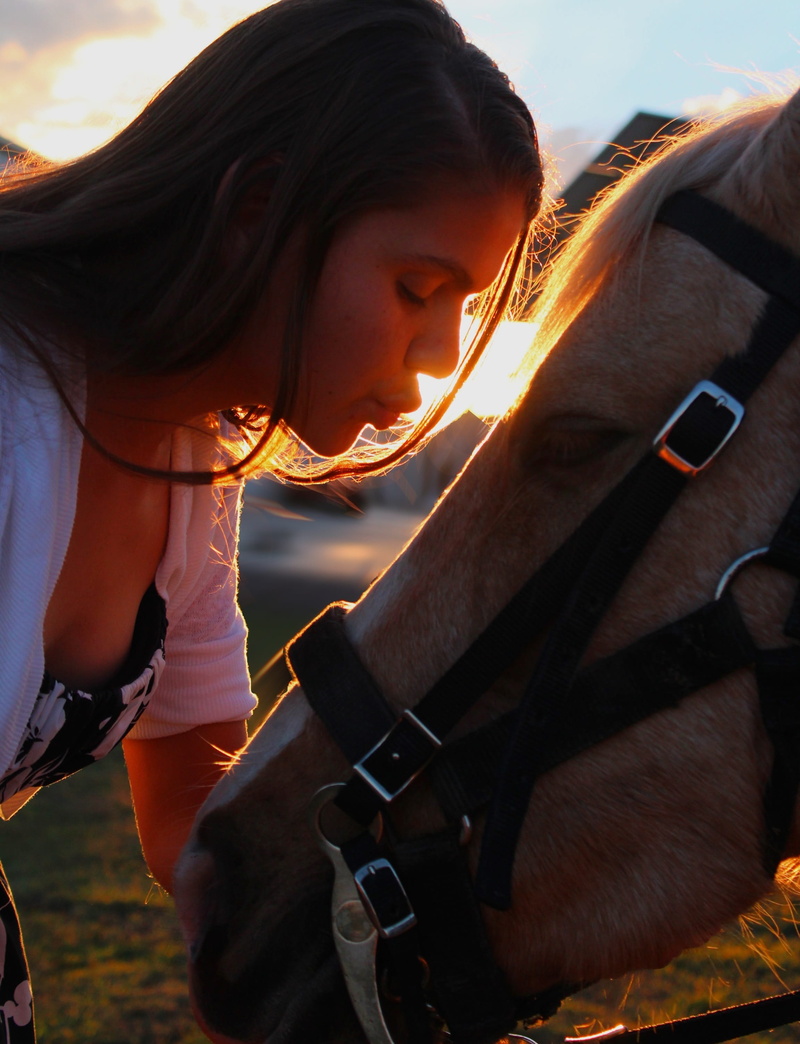 woman, young women, sunlight, sunset, head, joy, mammal, women, kissing, daylight, livestock, wear, real people, light, one person, 2K, adult, young adult