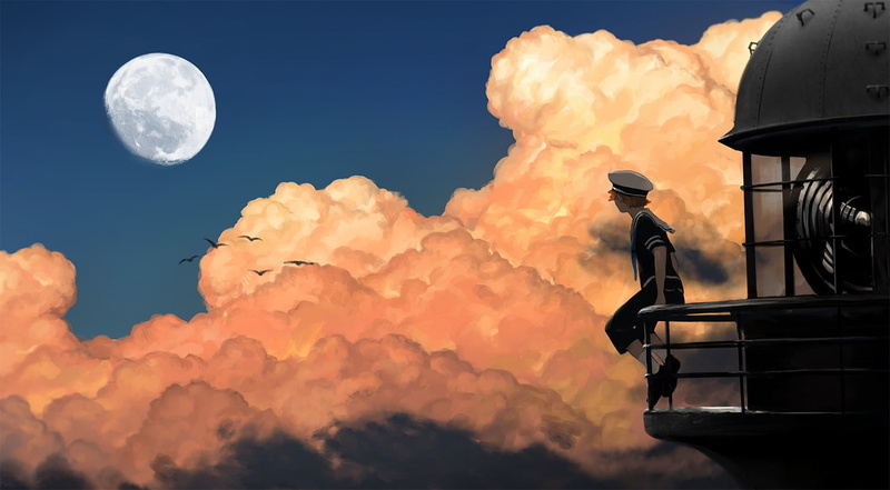 tranquil scene, nature, orange color, cloud - sky, composite image, anime, burning, outdoors, low angle view, sign, moon, space, person, planetary moon