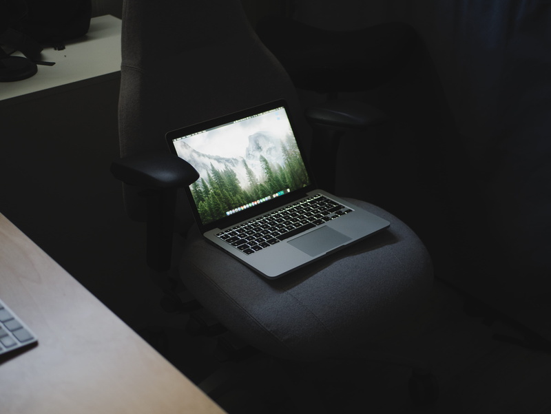 computer, rolling, wireless technology, computer equipment, chair, macbook, computer keyboard, office, high angle view, portable information device, screen