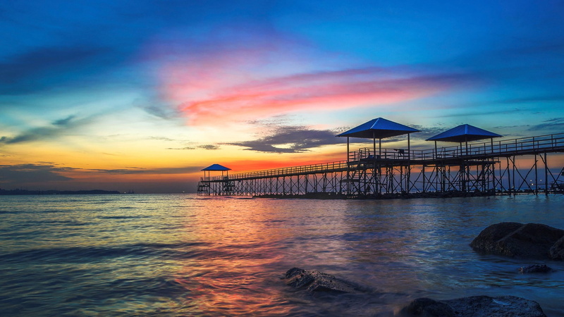 landscape, orange sky, 1080P, sunset, dusk, sea, pier, skyscape
